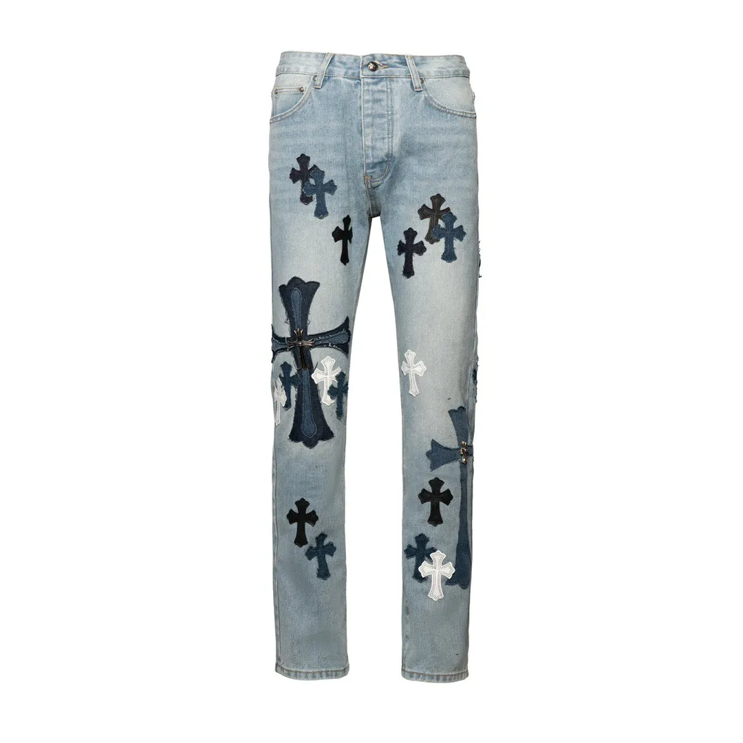 P290 [Evergreen model, top version] Chrome Hearts blue jeans, multi-leather label work jeans, ch jeans. The jeans need to be washed and then disassembled and hand-stitched with sheepskin cross leather and then spliced ​​together. The whole piece has too many craftsmanship to describe. The cabinet price is 12W+ level, patchwork cross flower embellishment, high-waisted washed jeans! ! Absolutely high-end luxury products, 6W+ level god-level items, super popular products, made with top heavy industry, a magic weapon that cannot be missed. About Kroxin This is an extremely luxurious fashion brand, which can also be called the aristocrats of the high street. It has always been an exclusive brand for some hipsters or rich second generation. Compared with ordinary high streets, it is more luxurious and noble. Compared with luxury brands, it has a more fashionable personality and has always been a brand that I have a special liking for. Style number: 1565# Color: blue Size: 28 30 32 34 36
